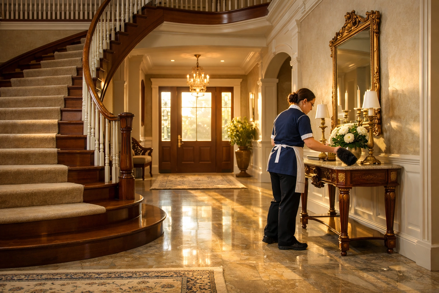 Professional home cleaner dusting a console table in a grand foyer of a large Wellesley estate.