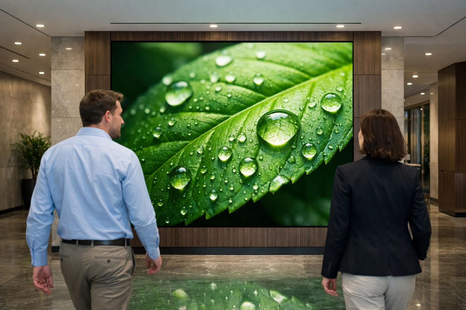 A minimalist corporate lobby with a large LED video wall used for high-impact digital brand storytelling.
