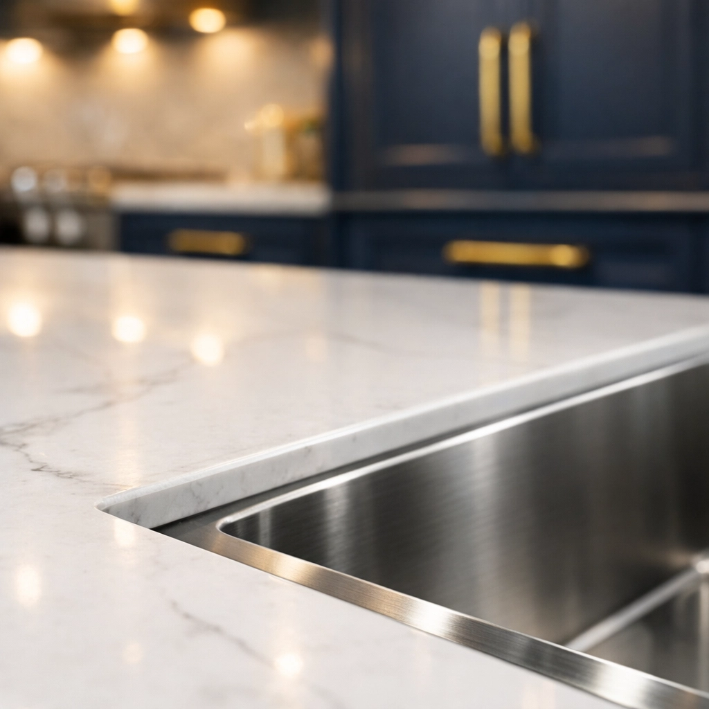 Spotless gourmet kitchen sink and quartz countertop cleaned by professional house cleaning services in Franklin.