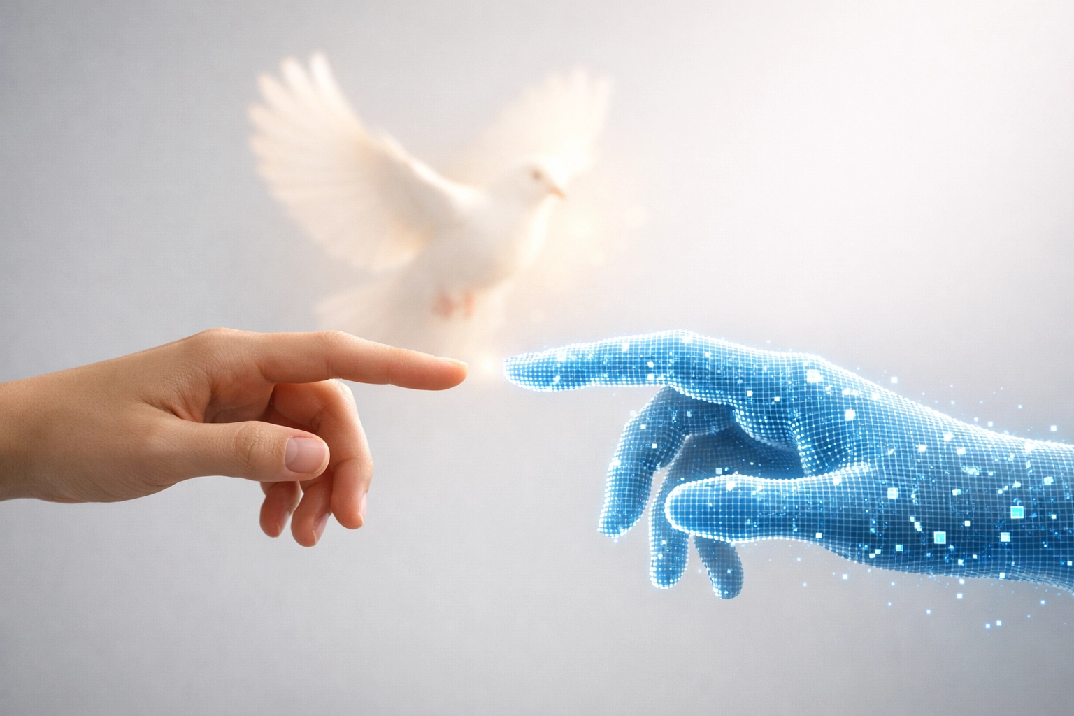 A human hand reaching toward a pixelated hand near a dove, representing the Holy Spirit in a digital world.
