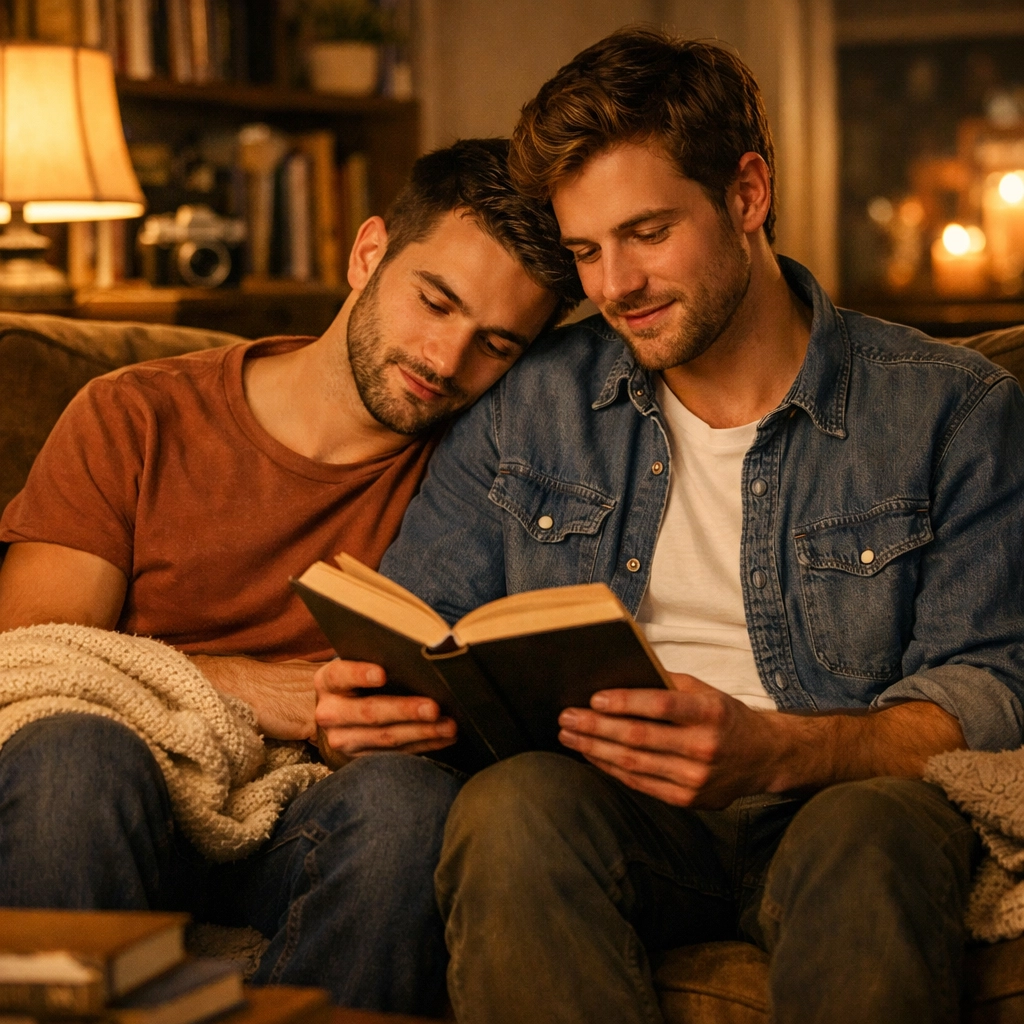 Two men sharing an intimate moment on a couch, illustrating the deep emotional bond of friends to lovers MM romance.