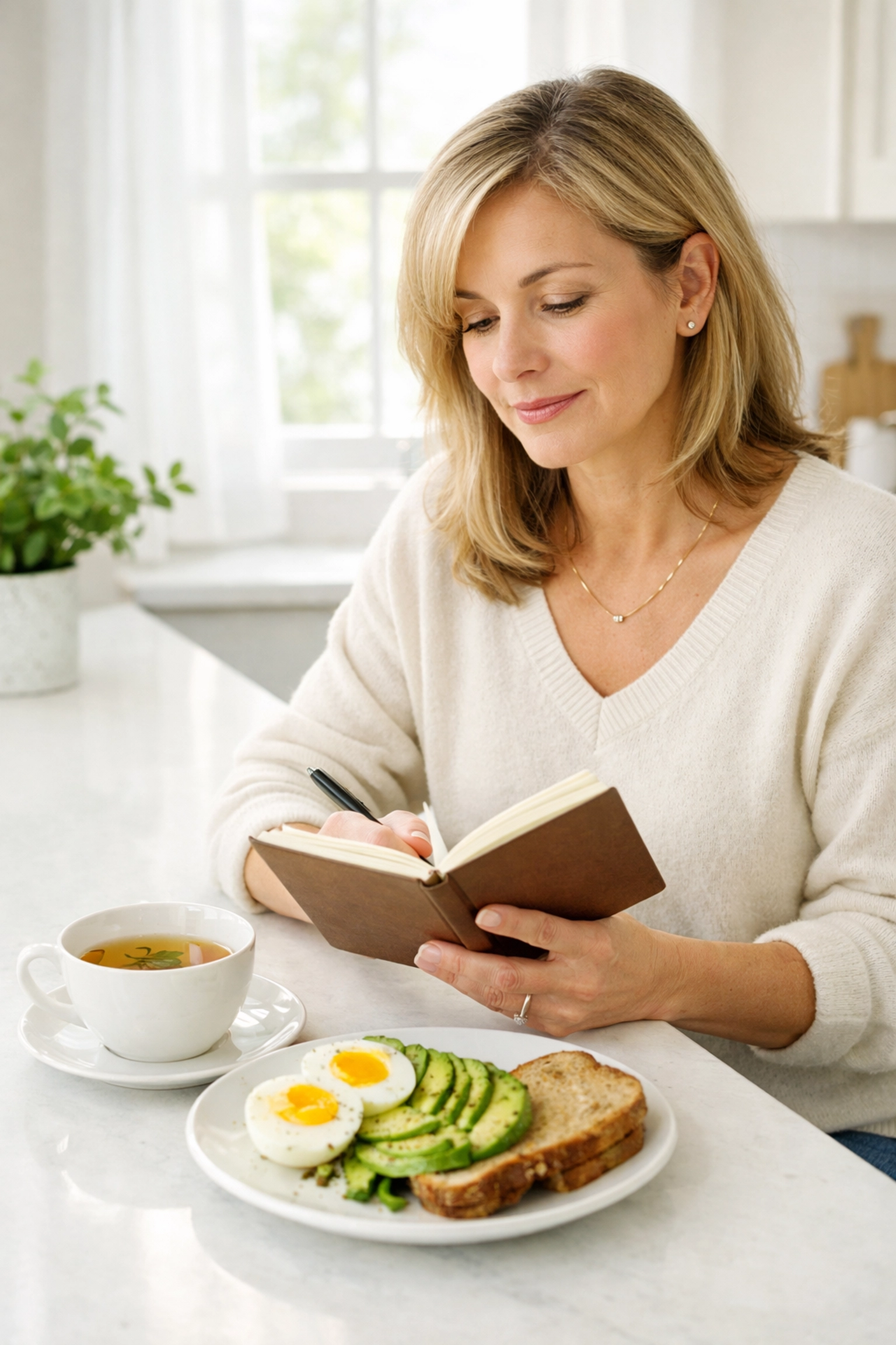 Woman in perimenopause planning healthy morning routine with balanced breakfast and journal