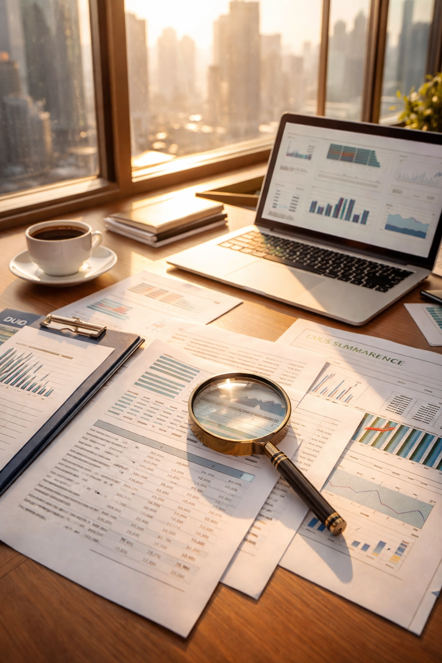 Investor’s desk with due diligence documents and financial reports, emphasizing thorough research in hedge fund investment.