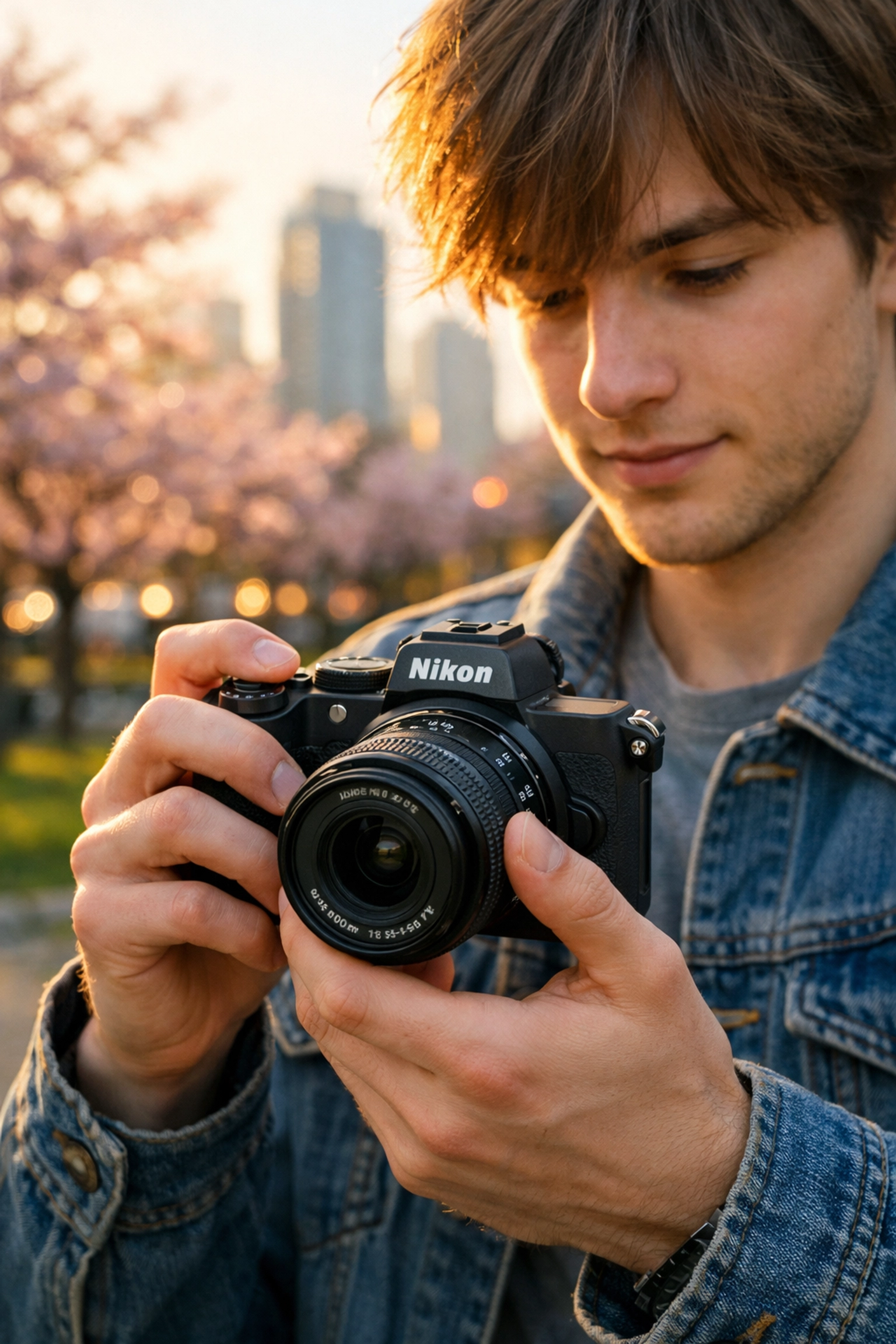 A beginner photographer using a mirrorless camera in an urban park for photography for beginners.