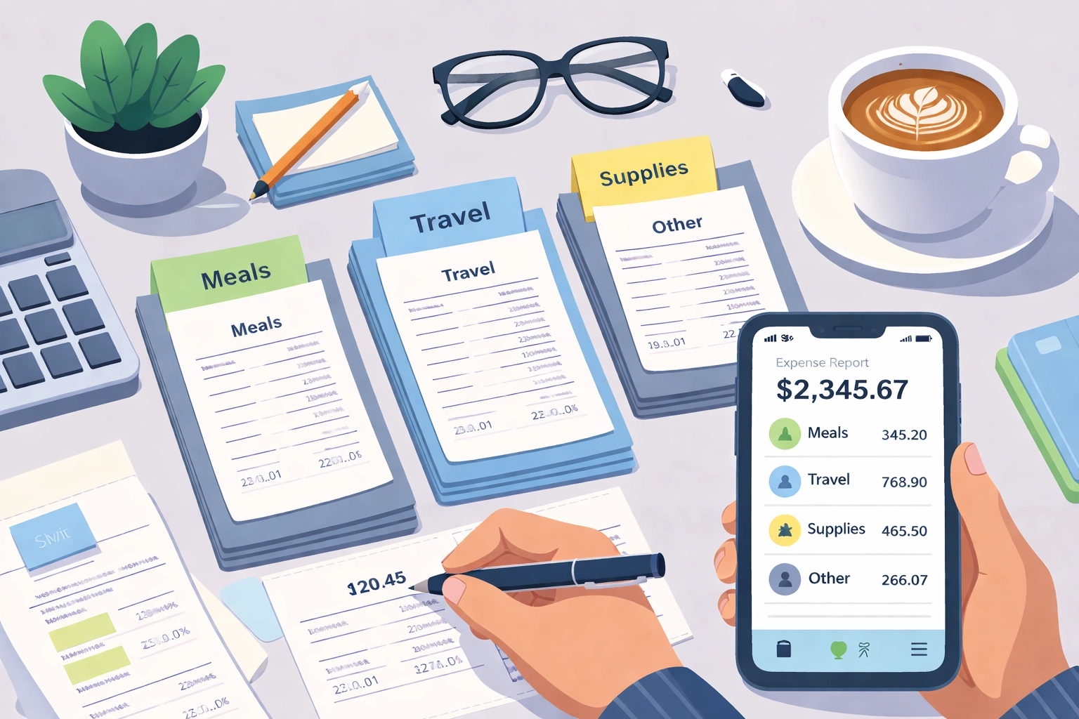 Freelancer organizing business expenses with receipts and phone app, showing effective tax recordkeeping for gig workers in 2026