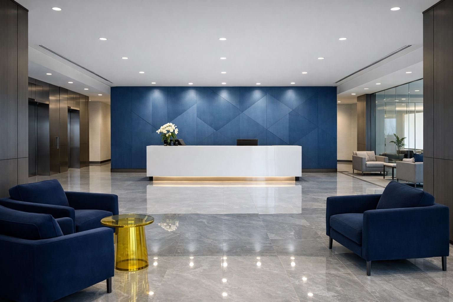 Impeccable corporate lobby with polished marble floors from professional Milford office cleaning services.