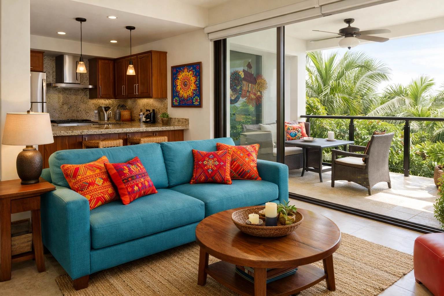Modern Puerto Vallarta rental condo living room with turquoise sofa and open kitchen