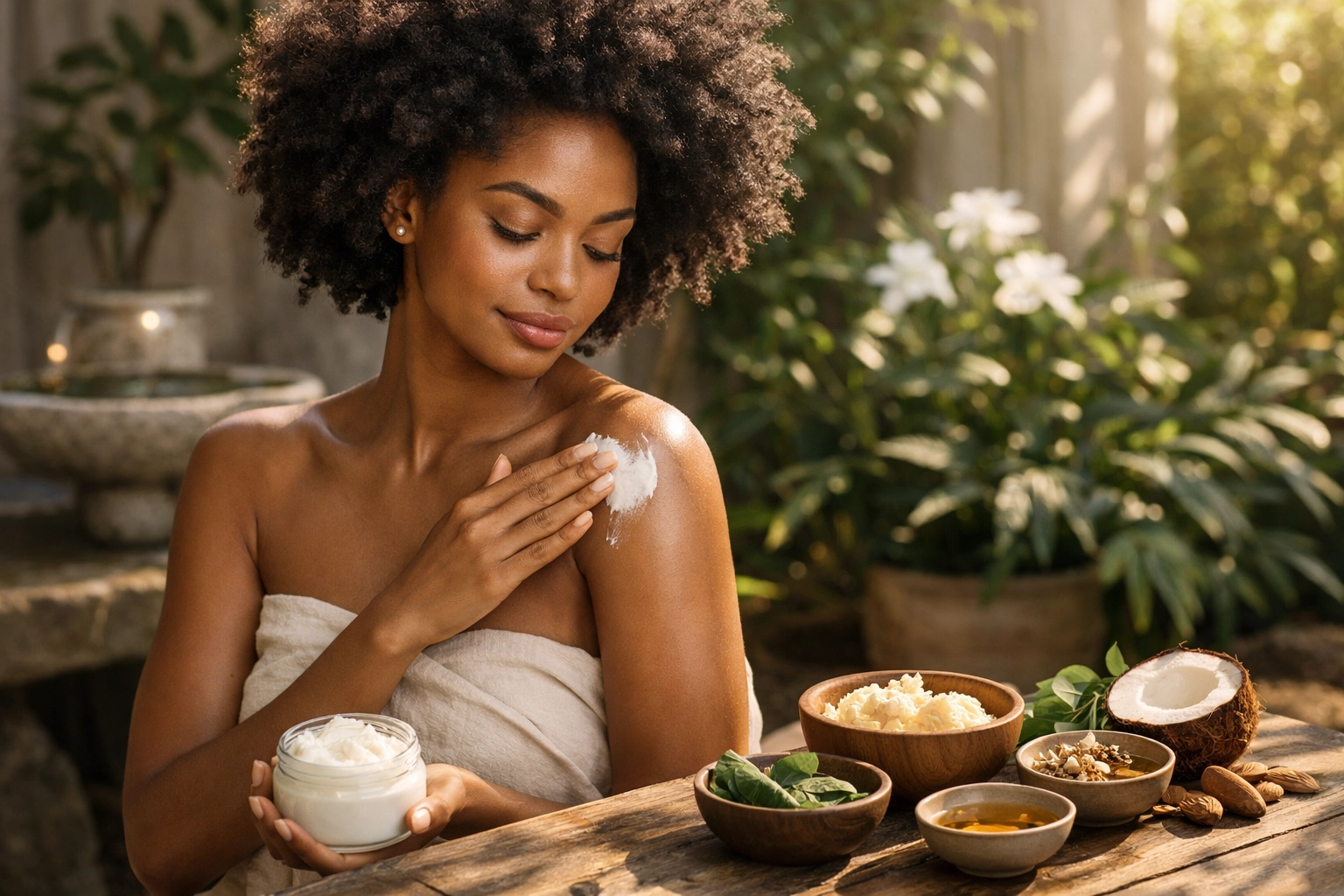 Woman applying botanical body butter in a serene garden-inspired sanctuary surrounded by naturally derived ingredients.