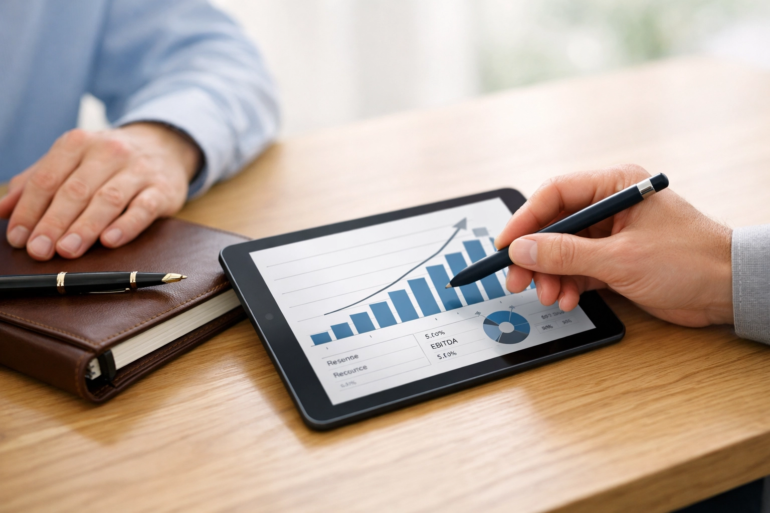 Expert business valuation for a Mississippi company, showing professional financial growth charts on a tablet.