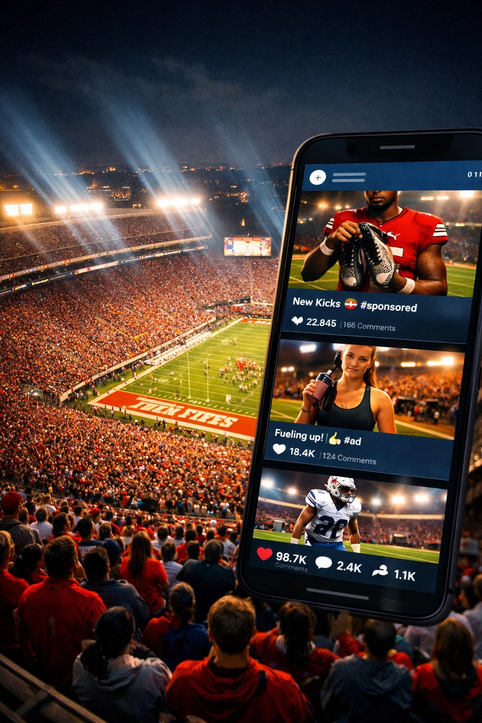 College football stadium with digital social media overlay showing NIL marketing engagement