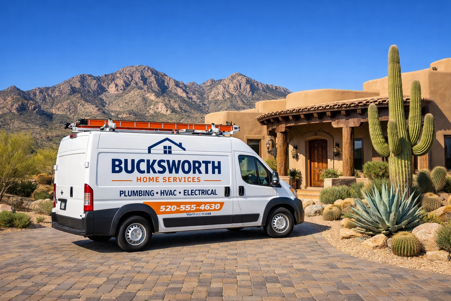Bucksworth Home Services van at a Marana Arizona home for emergency plumbing and maintenance.
