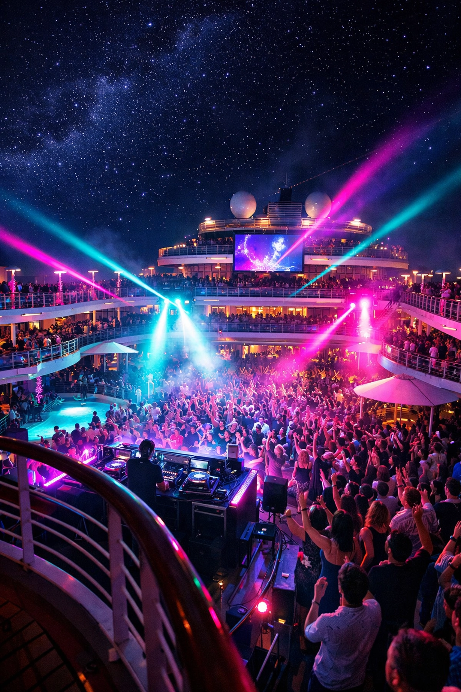 Vibrant night deck party entertainment included in 2026 birthday cruise packages.