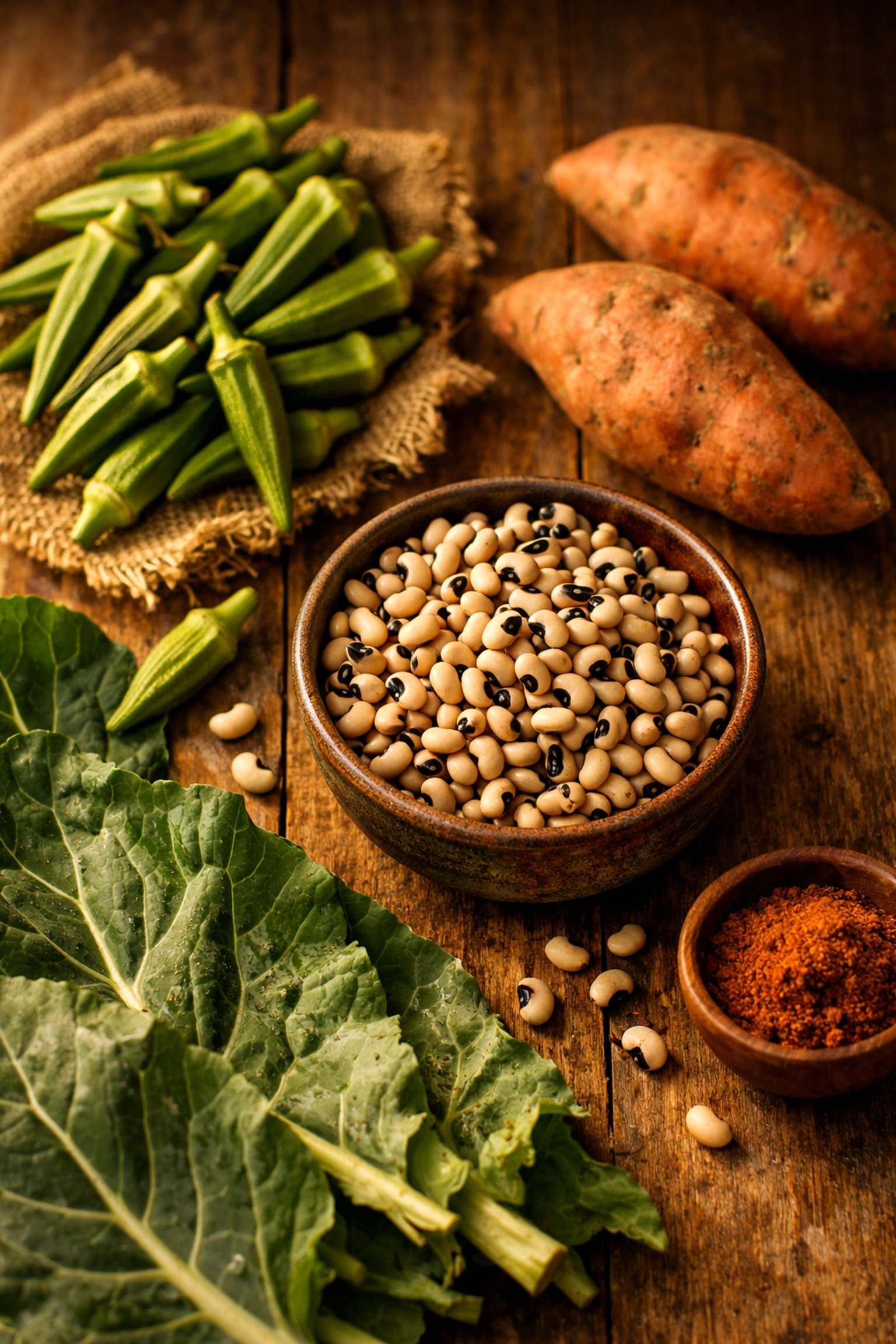 African ingredients okra, black-eyed peas, sweet potatoes, and collard greens on rustic table
