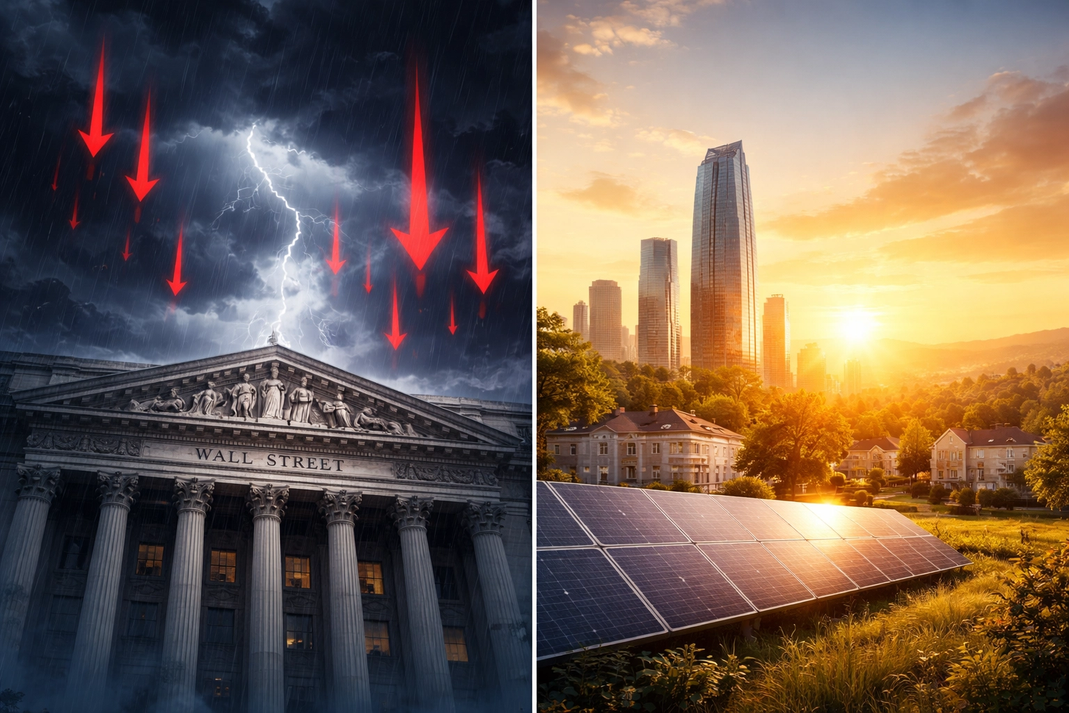 Comparison of volatile financial markets and stable alternative investments, highlighting the benefits of 40/30/30 diversification