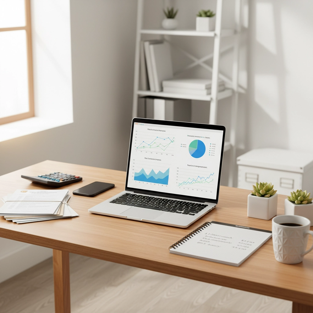Laptop displaying graphs on a wooden desk with papers, a phone, and a calculator. White shelf and window in the bright background. Minimalist office.
