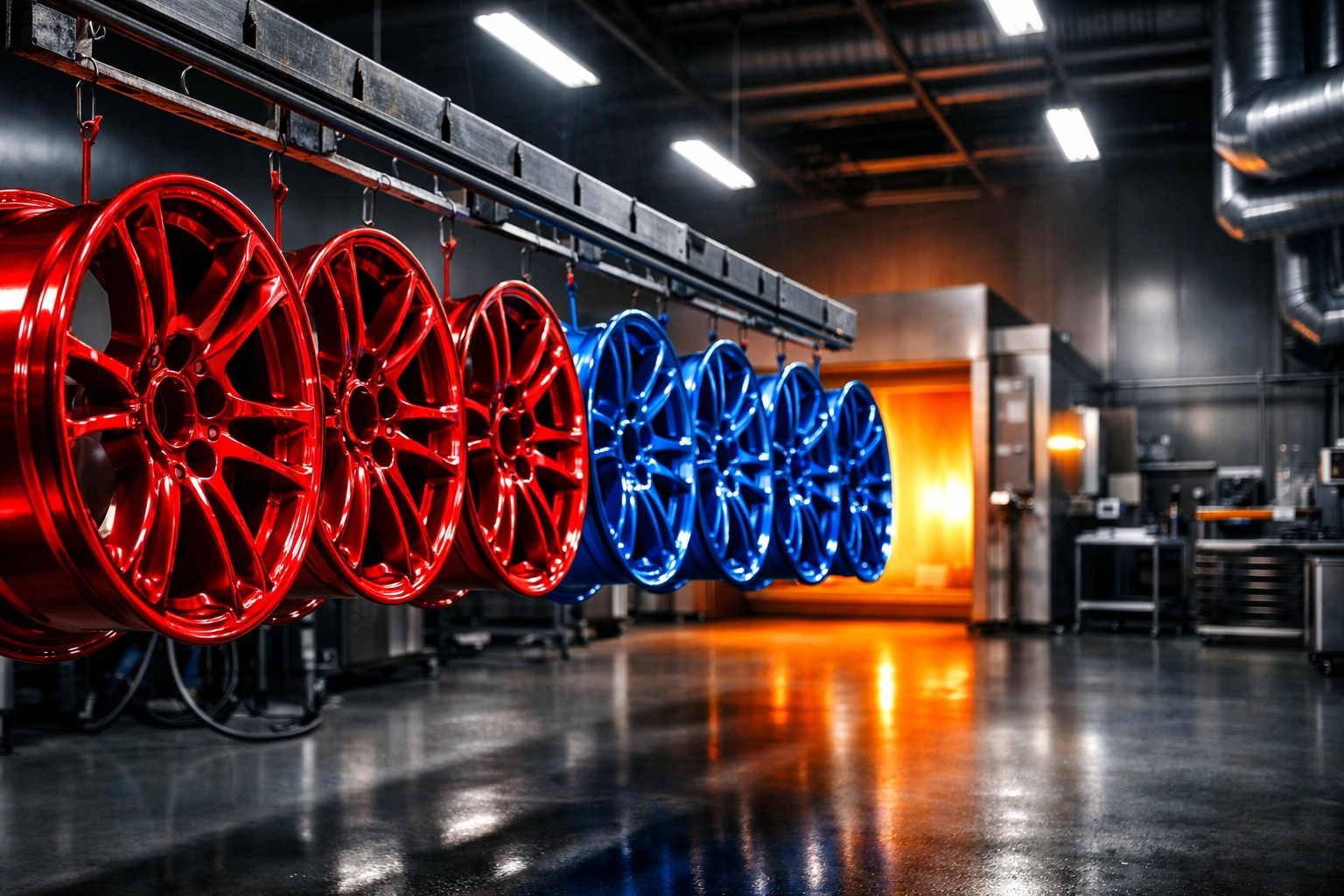 Custom powder coated alloy wheels in a professional Santa Cruz workshop serving Watsonville and Monterey.