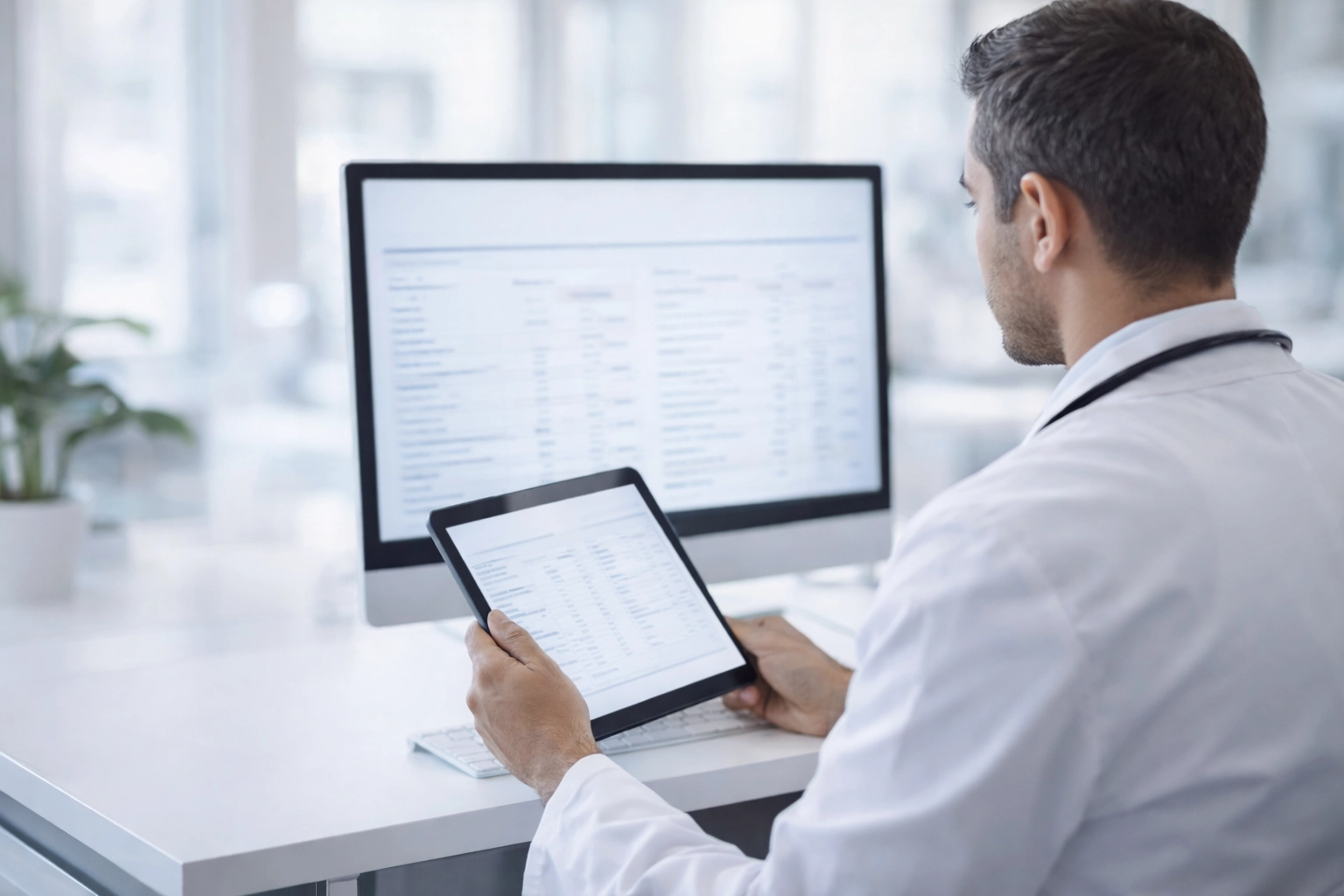 Healthcare professional reviewing health results on a tablet in a bright clinic setting (Luxury Clinical lifestyle photo)