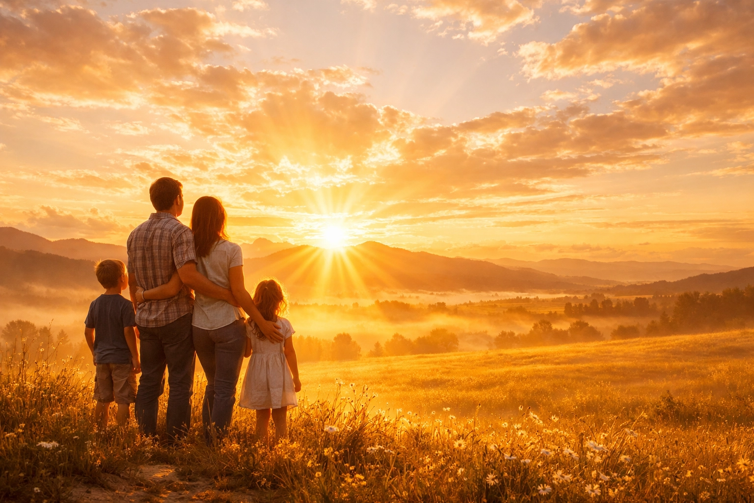 A Christian family stands on a hill at sunrise, looking with hope toward the horizon for Jesus' return.