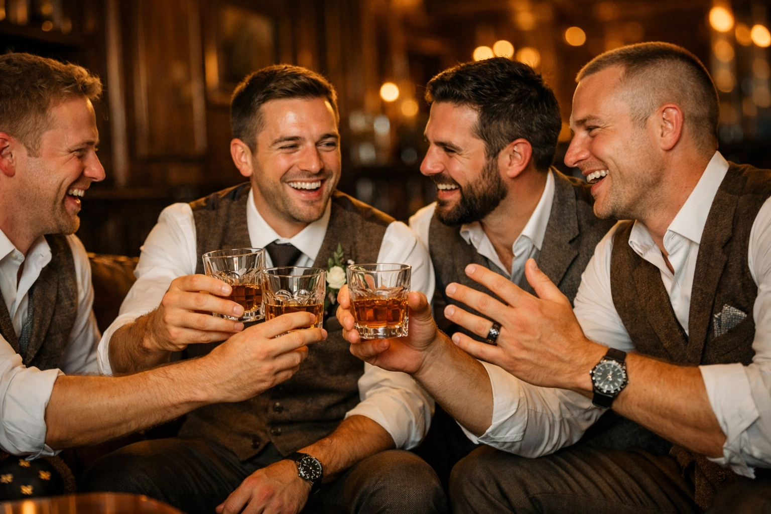 Groom and groomsmen showcasing modern fashion rings and wedding style during a pre-ceremony toast.