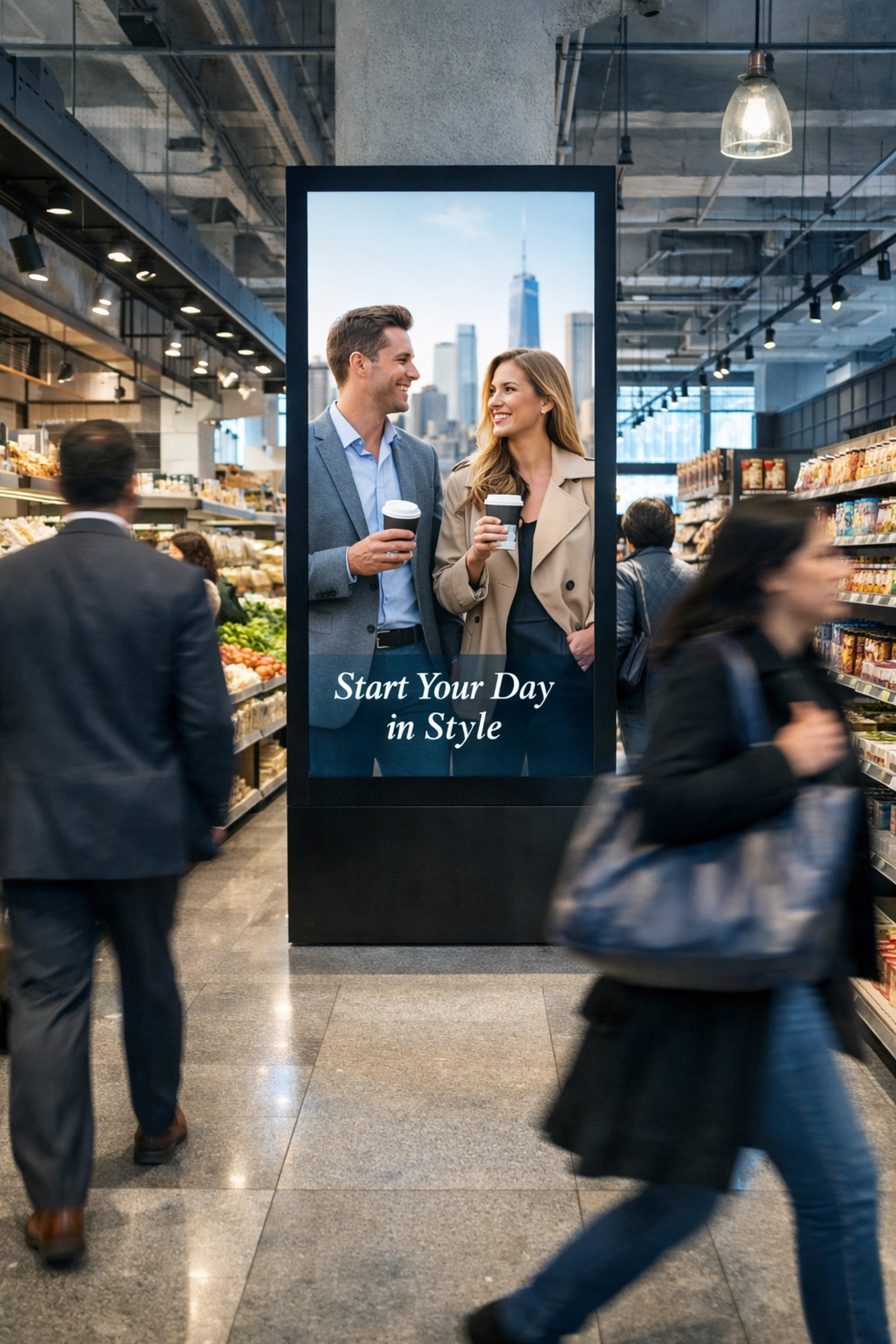 Digital advertising screen displaying high-impact ads in a New York City grocery store.