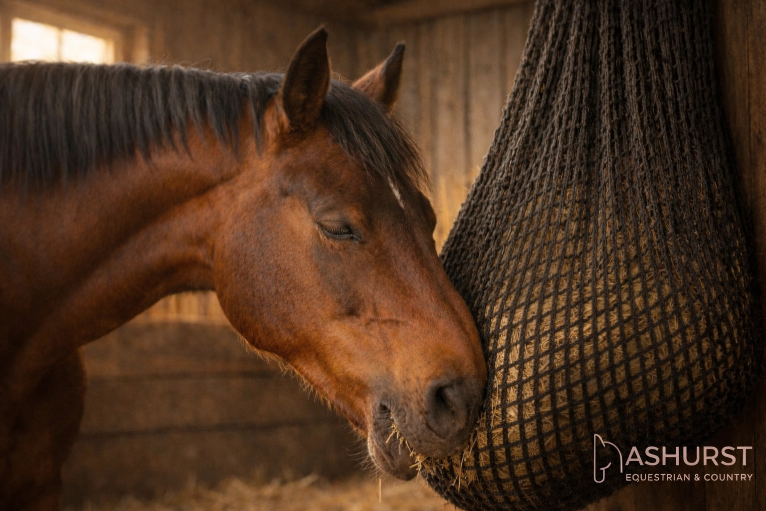 Bay horse eating from small-hole slow-feed hay net in stable to reduce hay waste
