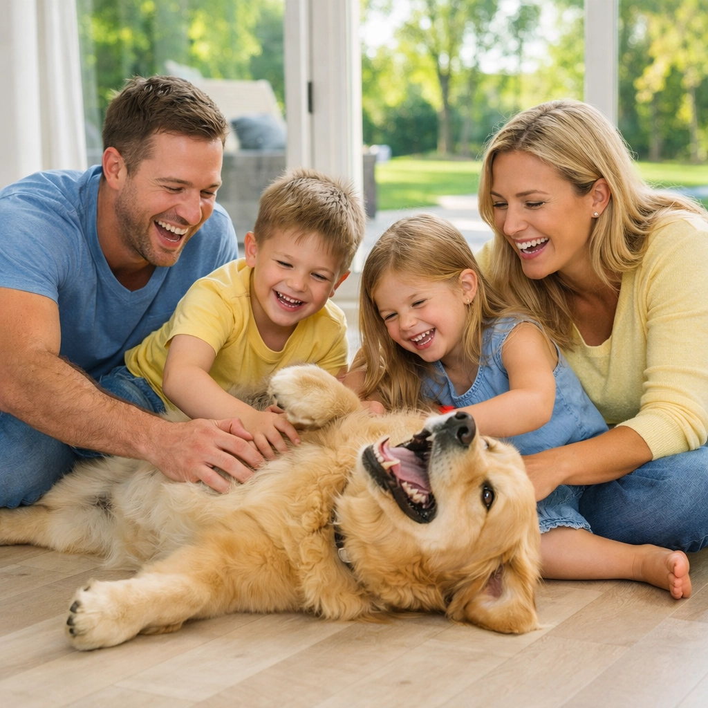 Family enjoying free time on clean hardwood floors, a benefit of weekly house cleaning in North Andover.