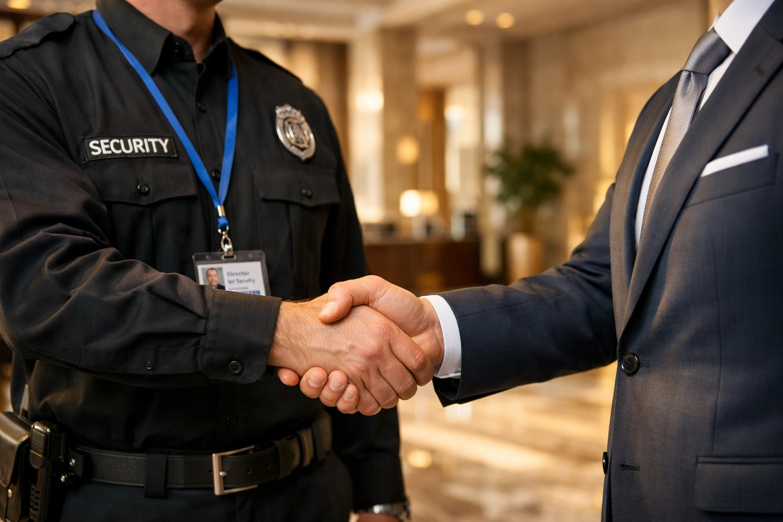 A security firm director shakes hands with a client, symbolising professional SIA ACS approved partnership.