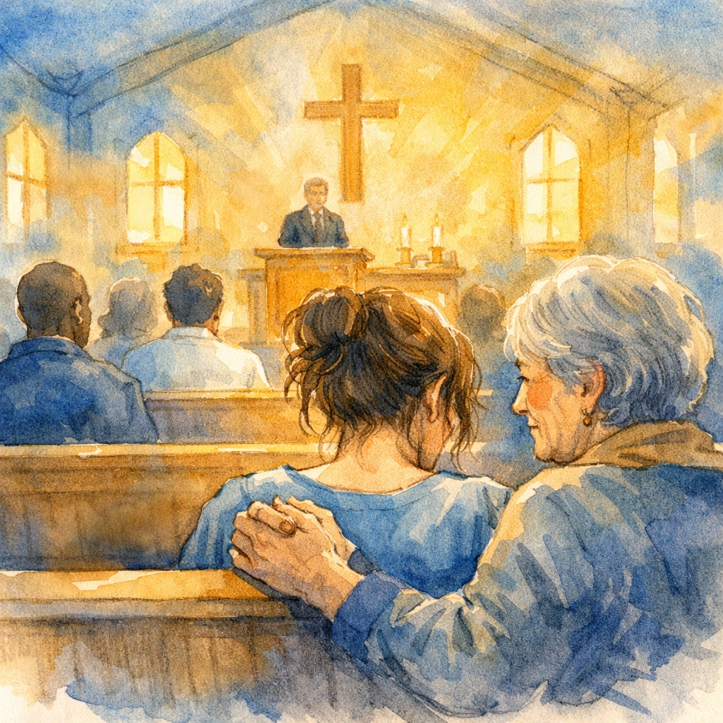 Woman welcomed with loving embrace in church sanctuary during worship service