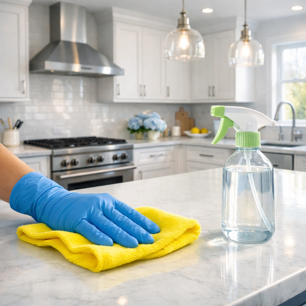 Professional using eco-friendly products for recurring house cleaning in a sun-drenched Holliston kitchen.