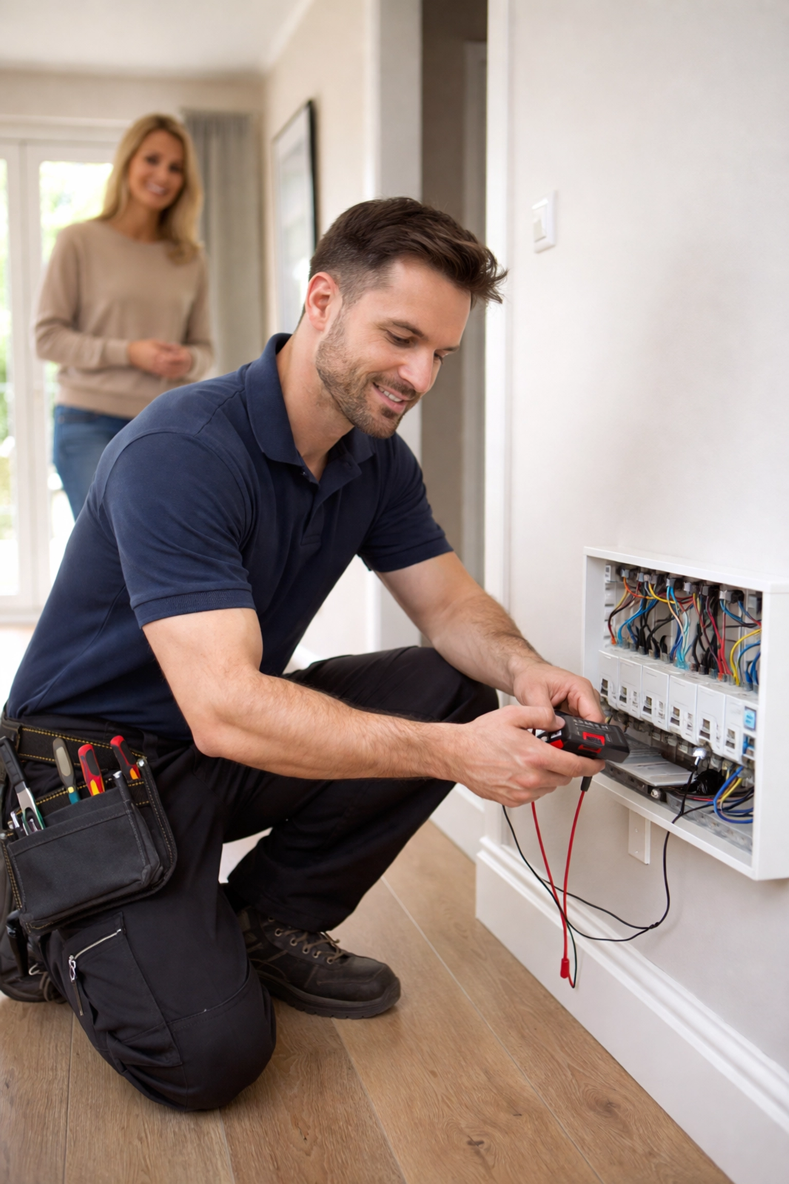 Emergency electrician testing a home's fuse board while homeowner observes, ensuring Rugby electrical safety