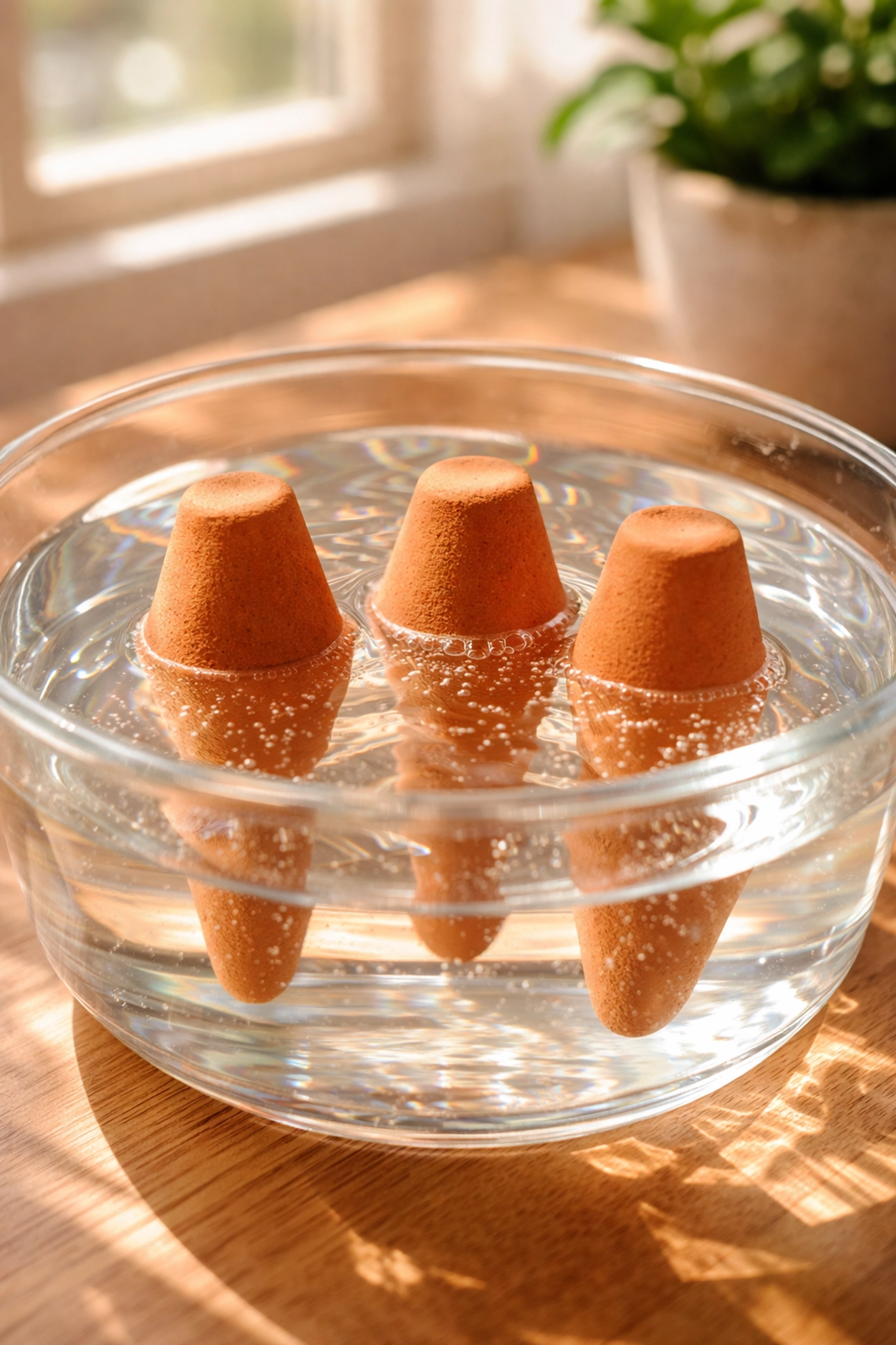 Close-up of ceramic watering stakes soaking in a glass bowl, essential for automatic plant watering setup.