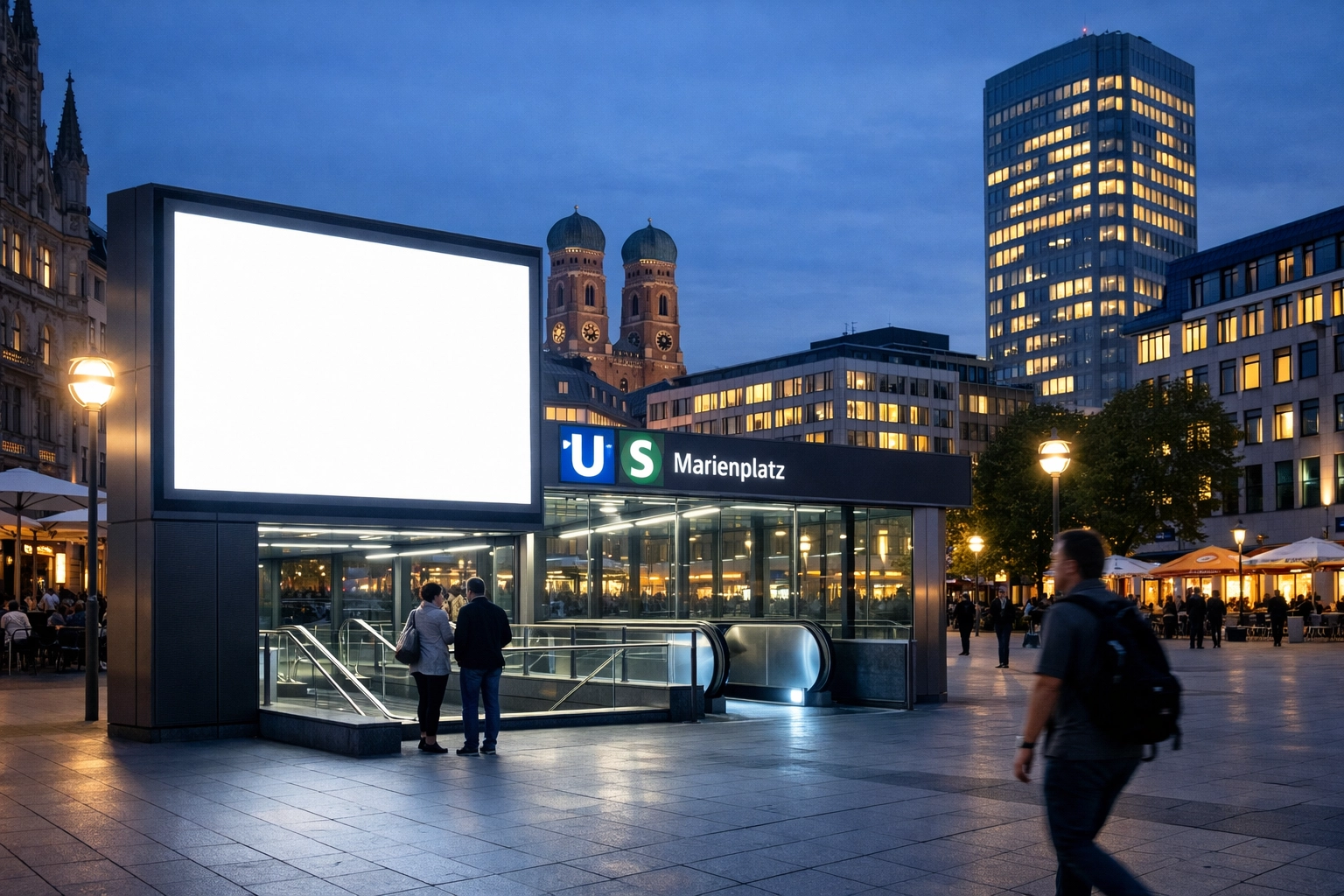 Digital billboard in a Munich urban plaza illustrating integrated local DOOH targeting.