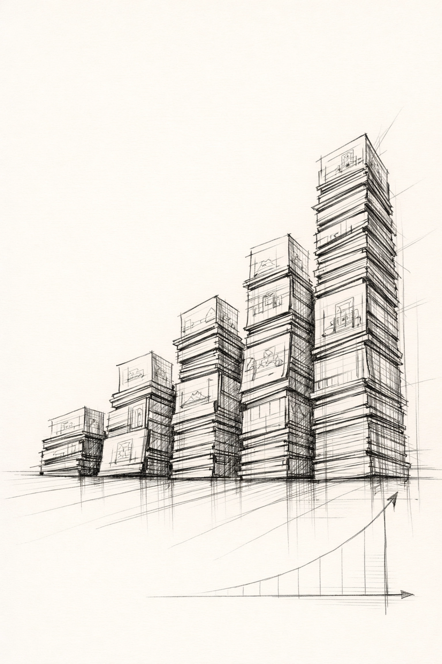 Architectural sketch of a bar graph made of design canvases showing business ROI through custom illustration.