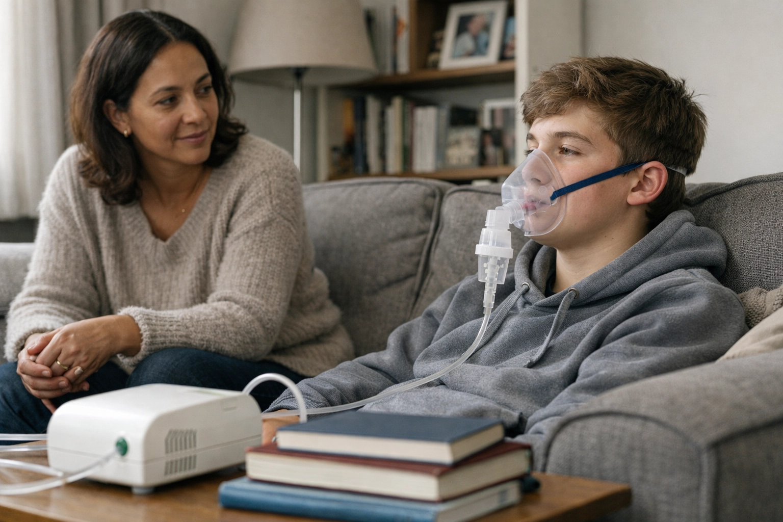 A UK family in a living room with a nebuliser, reflecting the daily reality of cystic fibrosis home care.