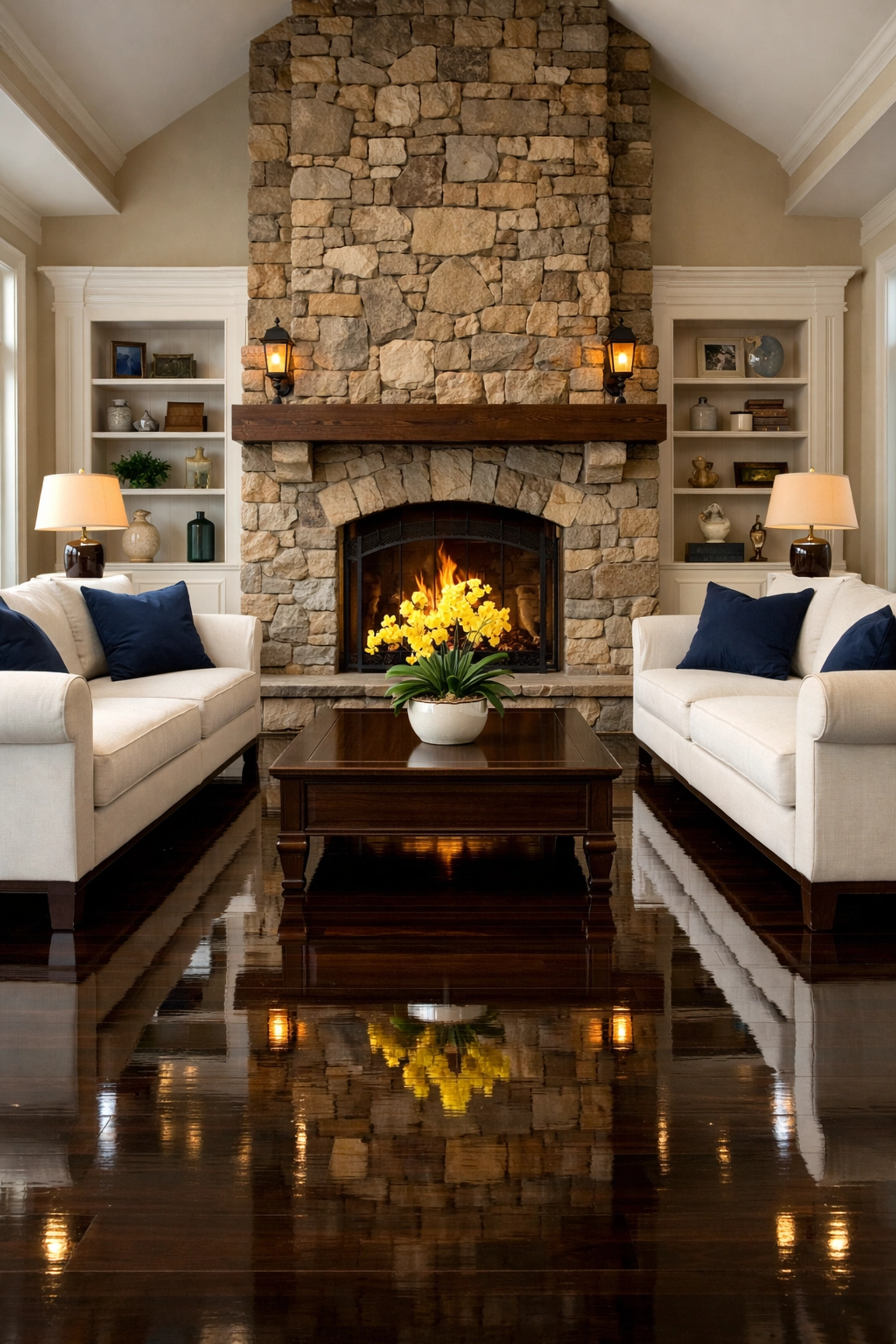 Polished hardwood floors in a clean Groton living room from residential cleaning in Groton MA.