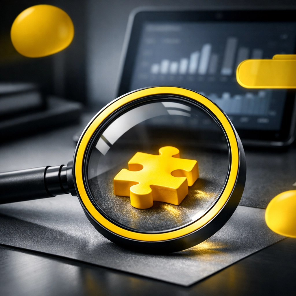 Magnifying glass over a puzzle piece representing a successful Amazon reimbursement audit for lost revenue.