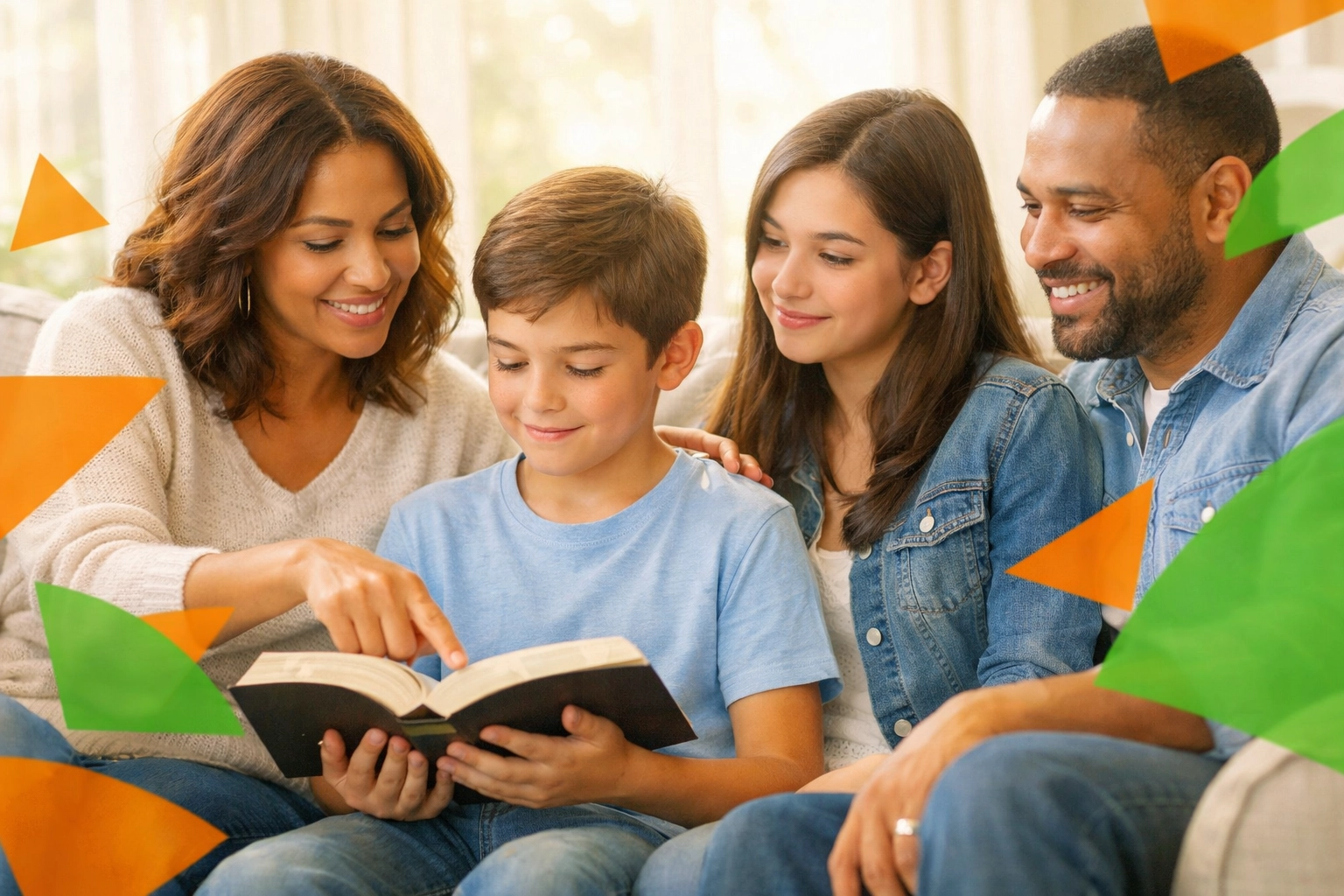 Family reading Bible together teaching faith-based emotional intelligence to children