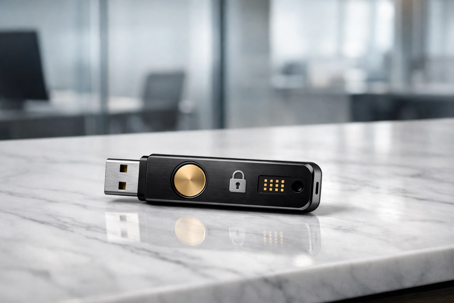 Metallic encrypted security key on a desk representing high-level data protection for tax professionals.