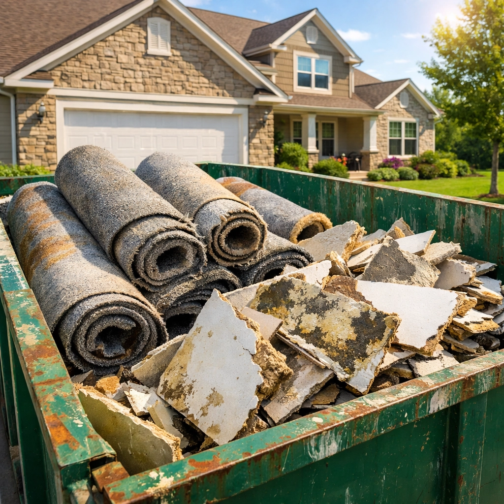Disposal container with water-damaged carpet and moldy drywall removed during a home restoration project.