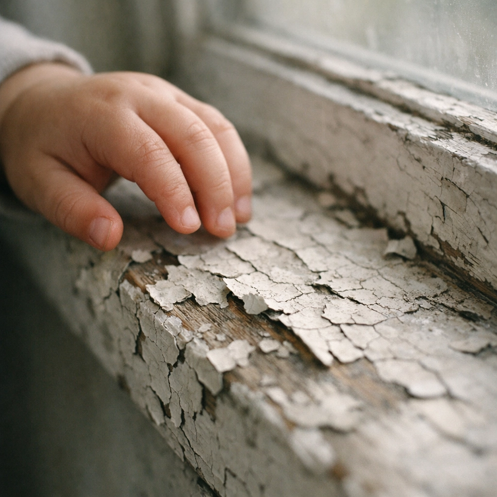 Child near peeling lead paint on windowsill requiring testing
