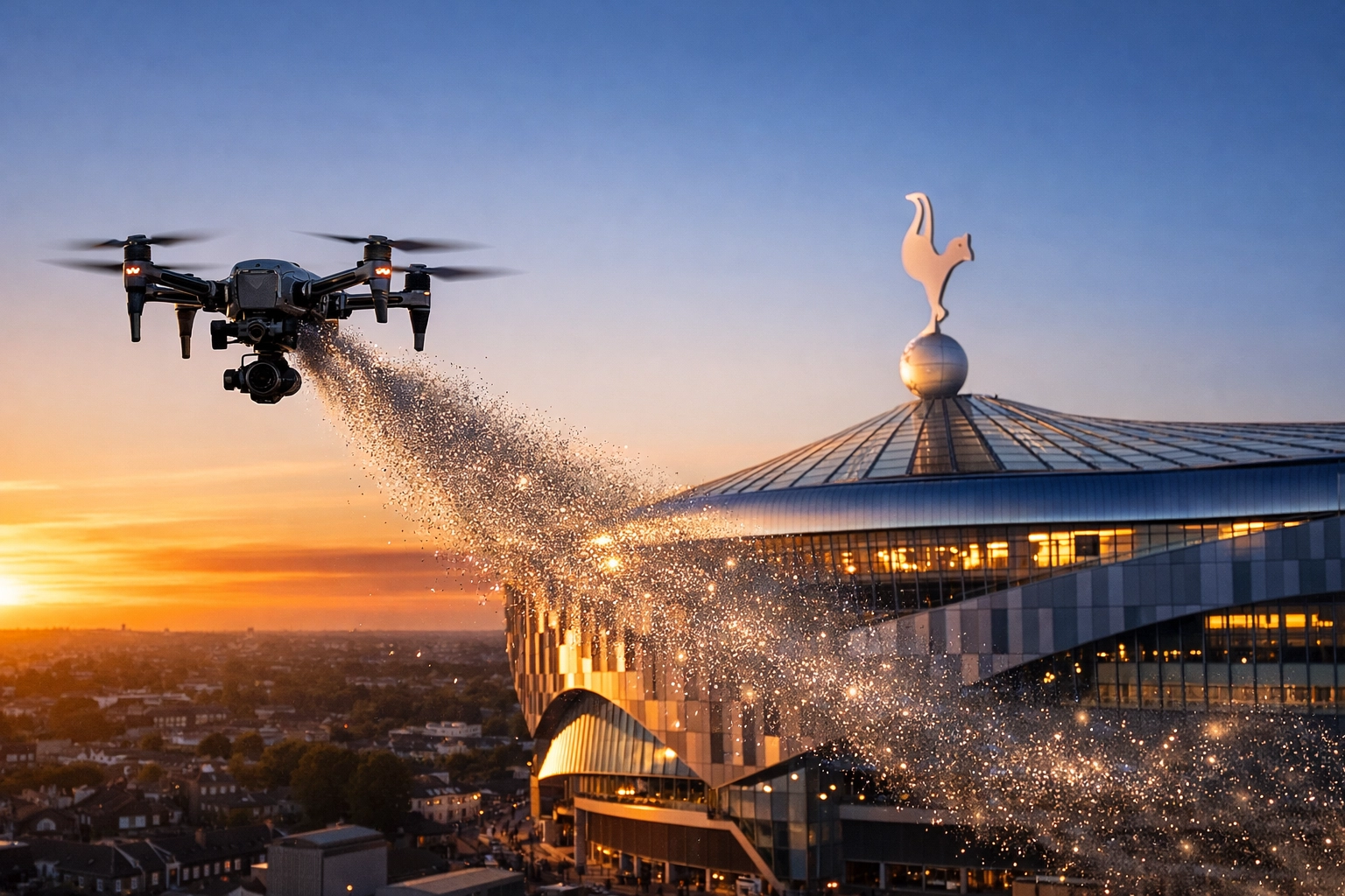 Dignified drone ash scattering ceremony with the Tottenham Hotspur Stadium in the background at golden hour.