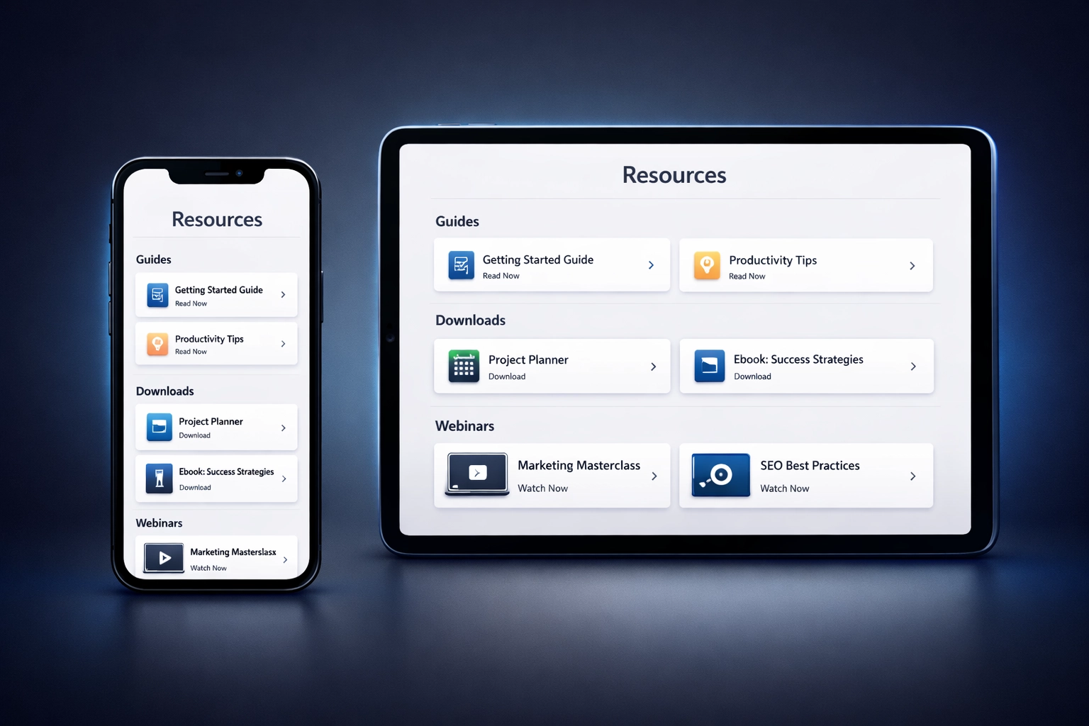 Mobile and tablet displaying well-formatted affiliate resource page with clean spacing