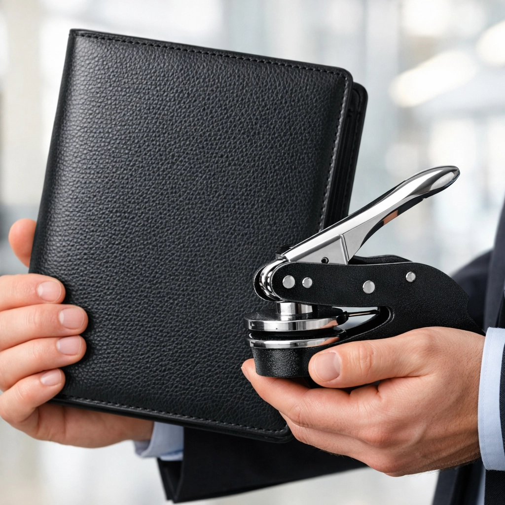 A mobile notary holding a professional seal and portfolio, ready for medical power of attorney notarization.