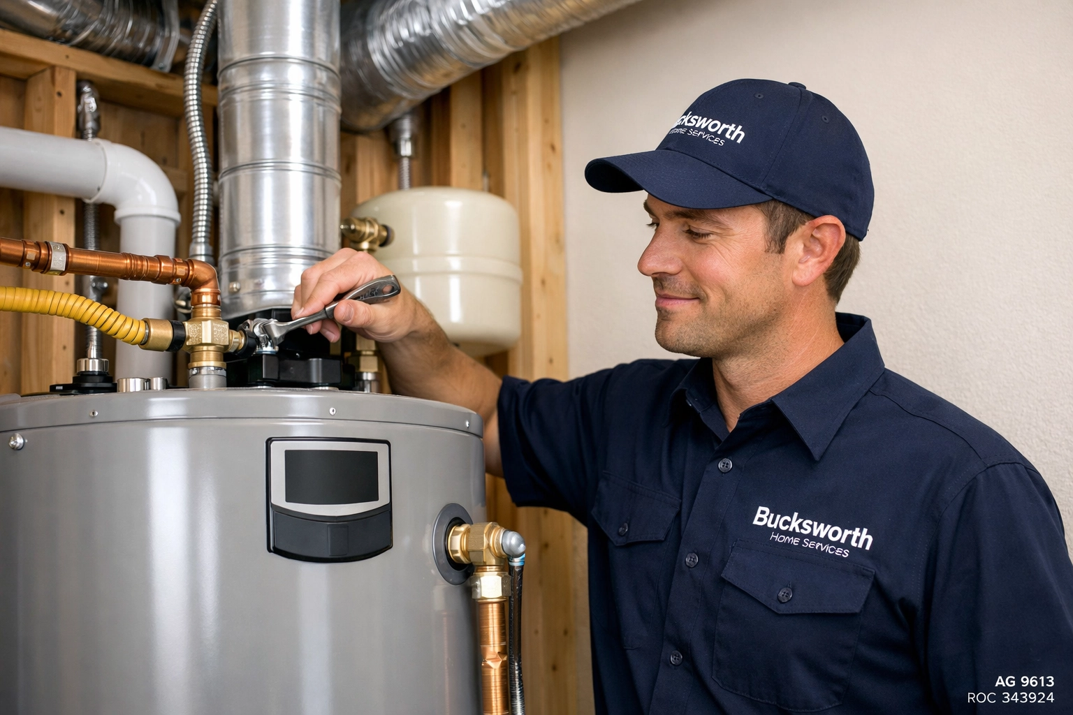 Bucksworth Home Services technician performing a final check on a new water heater installation in Peoria, AZ.