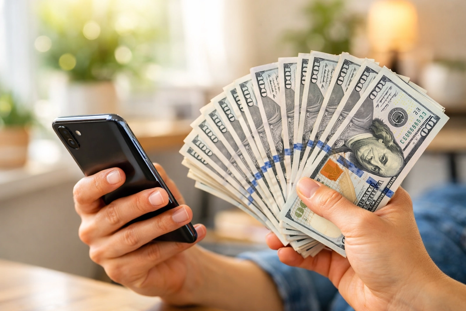 A person holding a smartphone and cash to illustrate how to sell an iPhone for cash.