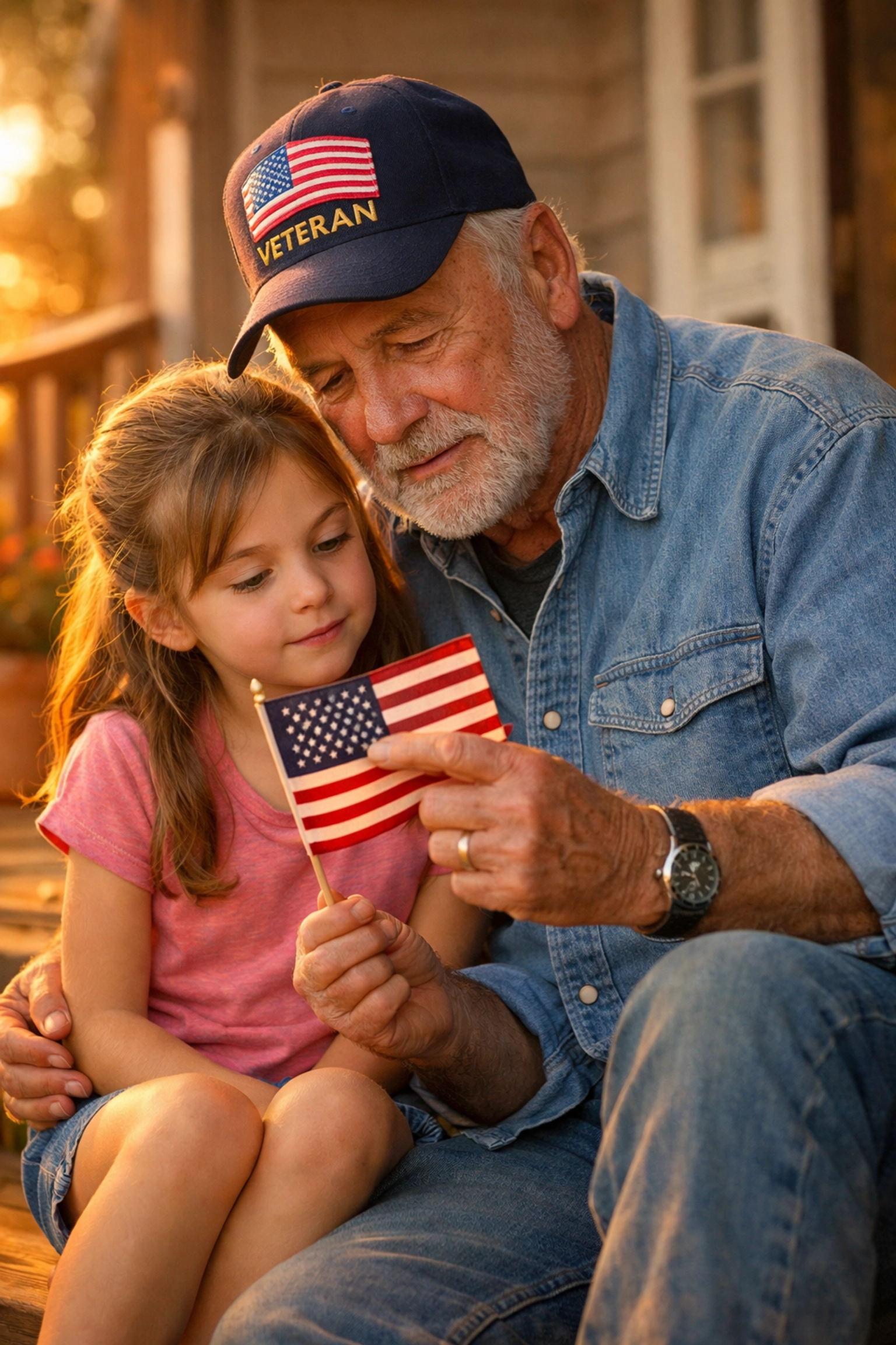 A veteran teaching his granddaughter about the American flag and civic history on a sunlit porch.