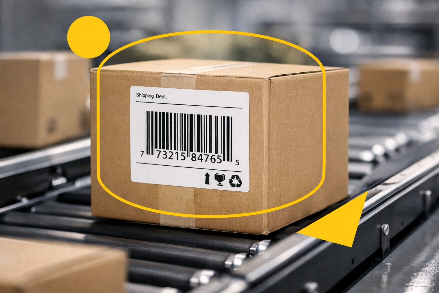 FBA shipping boxes with proper barcode labels on fulfillment center conveyor belt