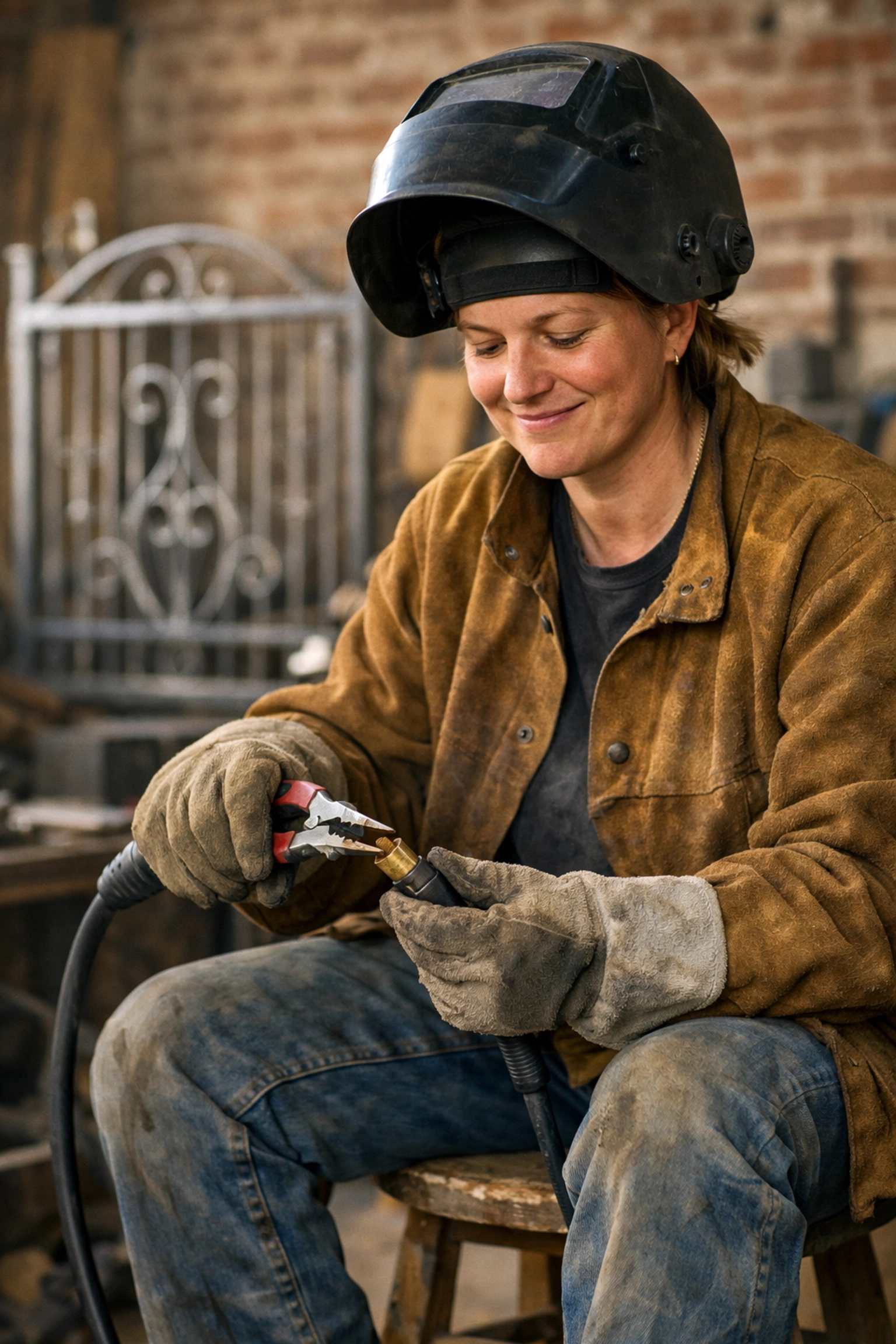 A welder using MIG pliers to clean spatter from a welding torch shroud for optimal gas flow coverage.