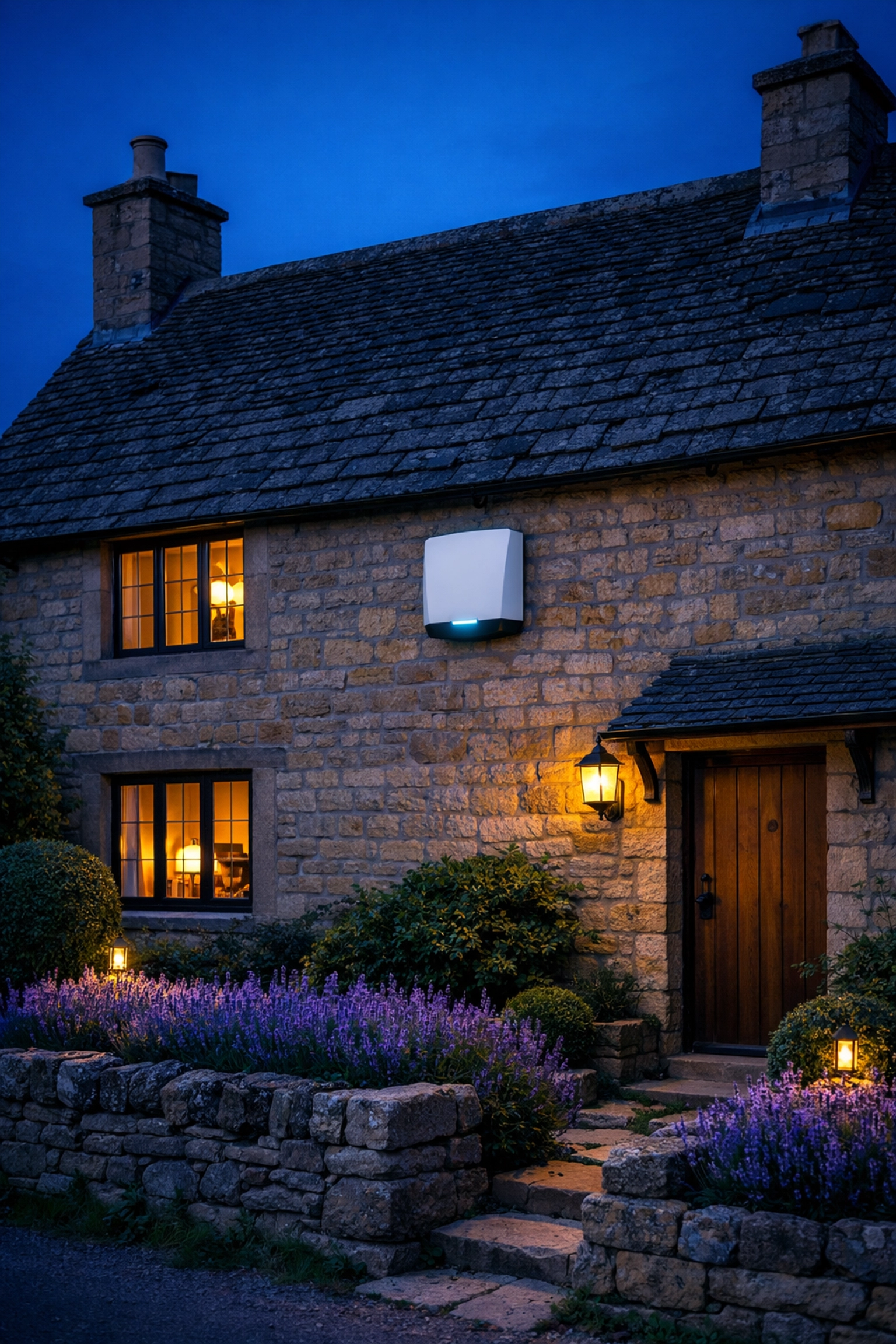 Modern intruder alarm bell box installed on a traditional Cotswold-stone cottage in Evesham.