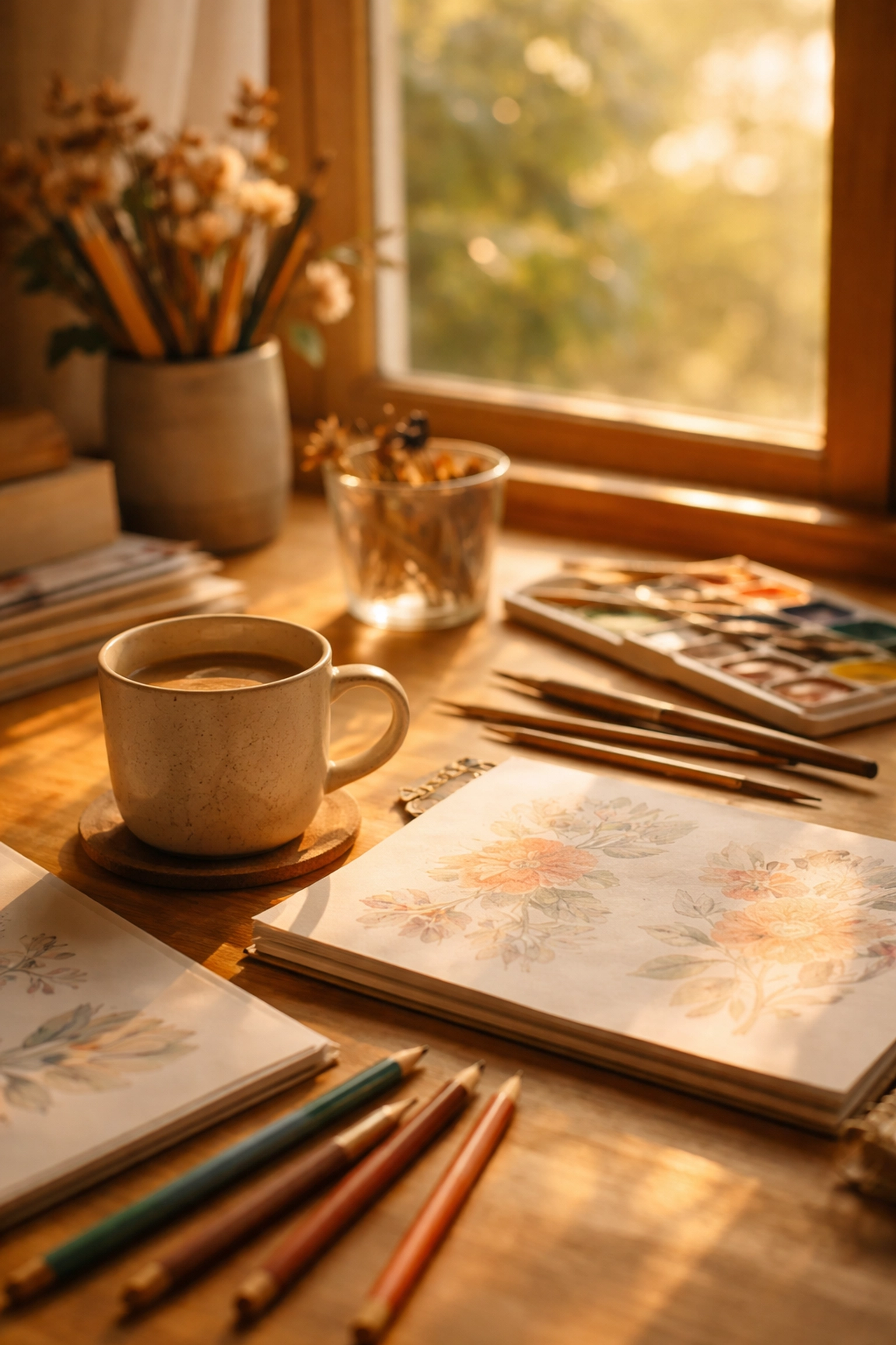 Artisan workspace with a coffee cup and drawing tools, illustrating sustained creative energy from a holistic caffeine routine.